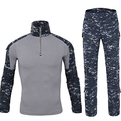 Taktisches Hemd Militärhemd und Hose Airsoft Männer Langarm BDU Combat Camouflage Camo Kampf T-Shirt für Tactical Paintball Uniform Armee (Navy blau M) von QCHENG