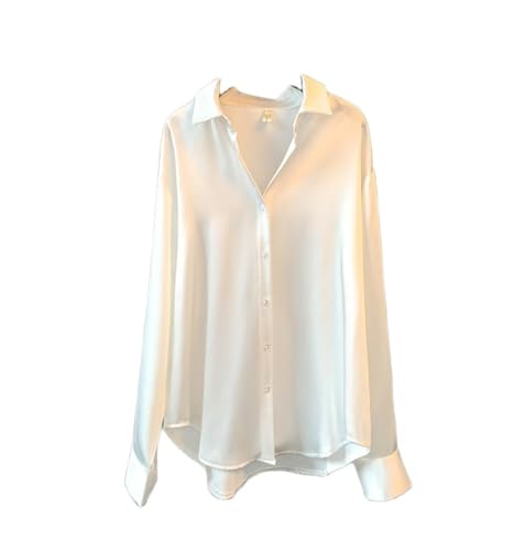 Bluse Damen Elegant, Damen Casual Tops Shirts Bluse Temperament Plain Satin V-Ausschnitt Shirt Tops Elegante Langarm Button-Down-Blusen Büroarbeitsblusen Tops Für Damen Mädchen,Weiß,M von QCJQSH