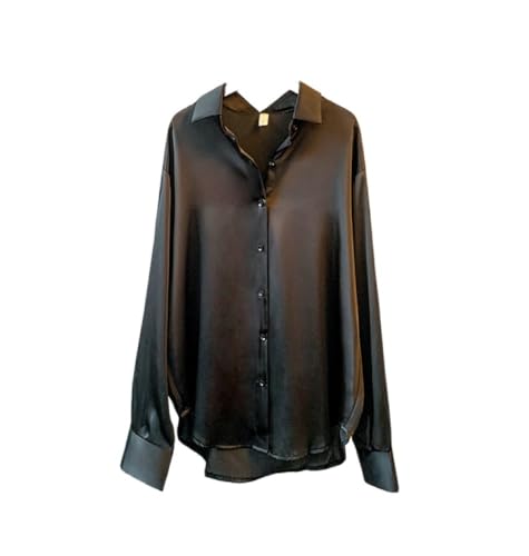 Hemd Damen Oberteile, Damen Casual Tops Shirts Bluse Temperament Plain Satin V-Ausschnitt Shirt Tops Elegante Langarm Button-Down-Blusen Büroarbeitsblusen Tops Für Damen Mädchen,Schwarz,S von QCJQSH