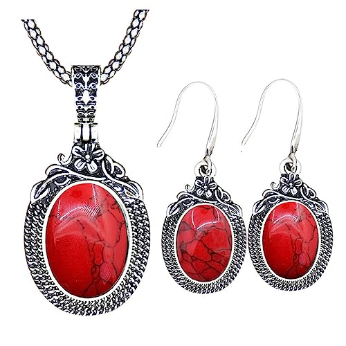 QCJQSH Crystal Necklace,Halskette Und Ohrringe Aus Natürlichem Rotem Türkis-Kristall Antik-Silber Ovaler Stein-Anhänger Halskette Chakren Edelstein Heilkristall Schmuckset Für Frauen Geschenk von QCJQSH