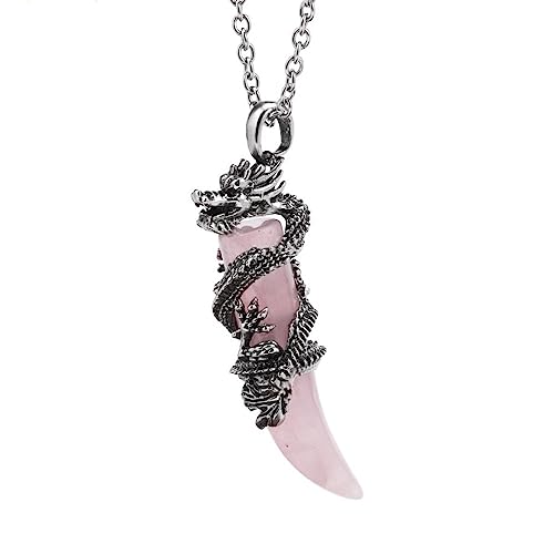 QCJQSH Crystal Necklace,Natürliche Rosenquarz-Halskette Ethnischer Wikinger-Drache Drahtwickel Wolfszahn-Anhänger Halskette Chakren Edelstein Heilkristall Halskette Amulett Schmuck Für Männer Ges von QCJQSH