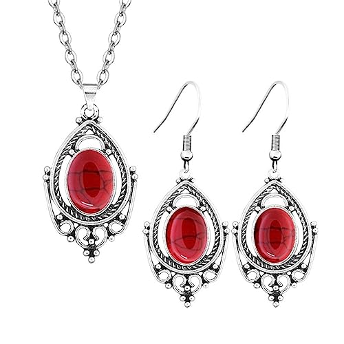 QCJQSH Edelstein Kette,Halskette Und Ohrringe Aus Natürlichem Rotem Türkis-Kristall Im Vintage-Stil Hohler Filigraner Ovaler Stein-Anhänger Halskette Chakren Edelstein Heilkristall Schmuckset Für von QCJQSH