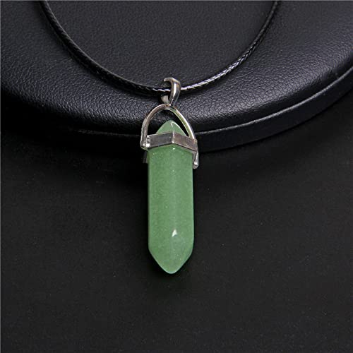 QCJQSH Edelstein Kette,Leuchtender Stein, Sechseckige Säule, Natürliche Grüne Chalcedon-Kristall-Anhänger-Halskette Mit Lederband, Reiki-Chakra, Quarz-Edelstein, Glückliches Amulett, Schmuck Fü von QCJQSH