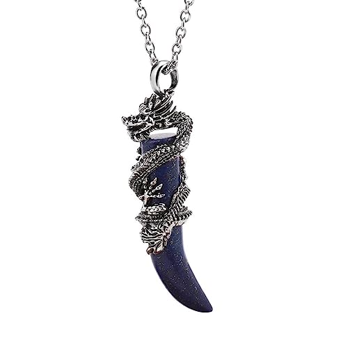 QCJQSH Kristall Kette,Natürliche Lapislazuli-Halskette Ethnischer Wikinger-Drache Drahtwickel Wolfszahn-Anhänger Halskette Chakren Edelstein Heilkristall Halskette Amulett Schmuck Für Männer Gesc von QCJQSH