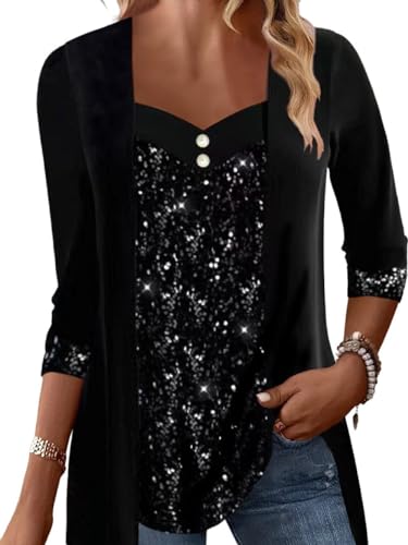 QCJQSH Langarm T Shirts Für Damen Elegant Spleißen Glänzend Sequi Tunika Tops Schmales V Ausschnitt Weihnachts Langarmshirt Solide 2 In 1 Pullover Blusen Tops Für Damen Party Elegant Schwarz L von QCJQSH