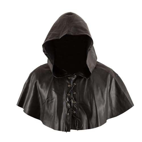QCZJ Mittelalterliche Renaissance Kutte Kapuze Cap Umhang Mönch Hexenkostüm Assassine Halloween Hut Zubehör PU Leder Goth Mantle Steampunk Rogue Mittelalter Hut Gothic Umhang Kostüm für Männer Frauen von QCZJ