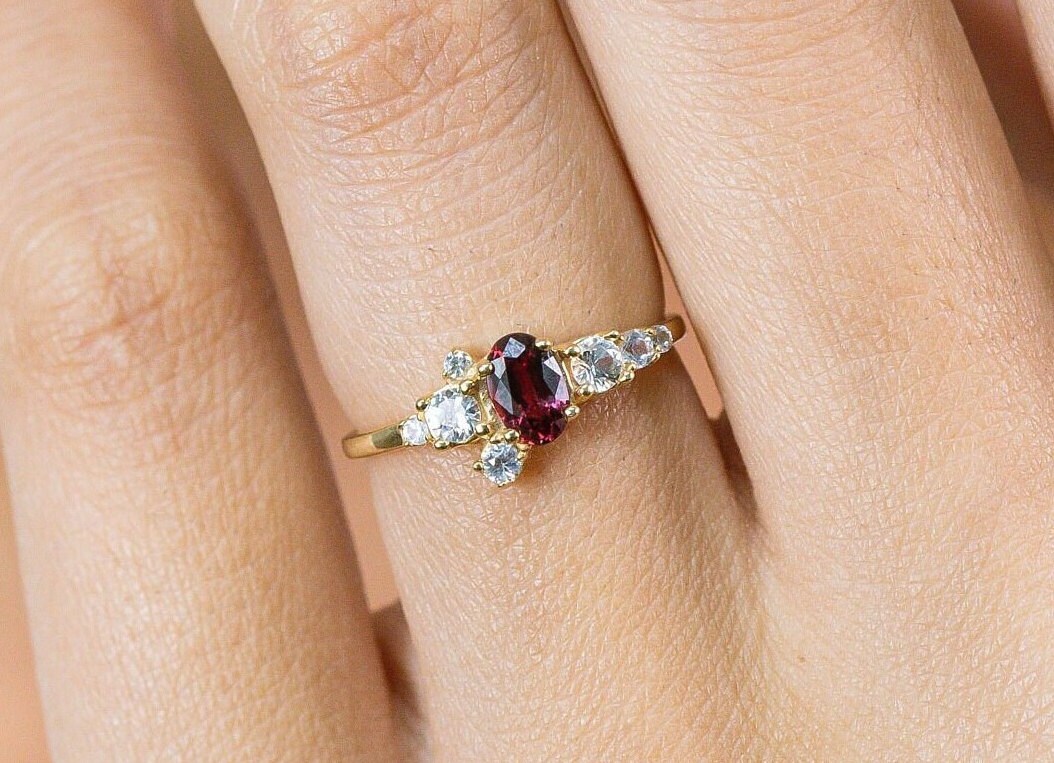 Granat Verlobungsring, Diamanten Cluster Ring, Januar Birthstone Einzigartiger Citrin Jubiläumsring, Versprechen Ring von QCustomJewelry
