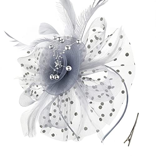 Damen Fascinator Hut Blume Mesh Federn Clip Kopfschmuck Haarschmuck für Party Kirche Hochzeit Cocktail Jockey Club (Grau) von QDC