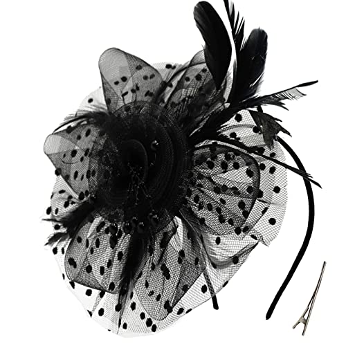 Damen Fascinator Hut Blume Mesh Federn Clip Kopfschmuck Haarschmuck für Party Kirche Hochzeit Cocktail Jockey Club (Schwarz) von QDC