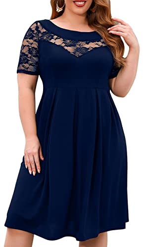 Damen Übergröße Kleid Freizeitkleid A Linie Swing Minikleid Elegant Skaterkleid Partykleid Spitzekleid Blau XXL von QDC