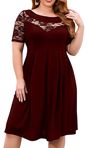 Damen Übergröße Kleid Freizeitkleid A Linie Swing Minikleid Elegant Skaterkleid Partykleid Spitzekleid Winrot XL von QDC