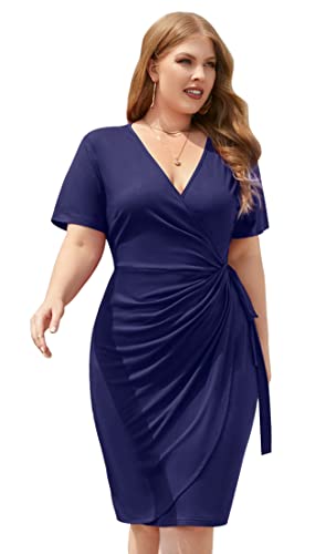 QDC Damen V-Ausschnitt Kleid Freizeitkleid Übergroß Elegant Wickel Etuikleid Cocktailkleid Bodycon Sommerkleid Party (as3, Alpha, x_l, Plus, Regular, Dunkelblau) von QDC