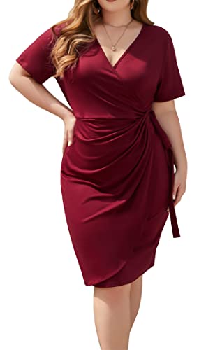 QDC Damen V-Ausschnitt Kleid Freizeitkleid Übergroß Elegant Wickel Etuikleid Cocktailkleid Bodycon Sommerkleid Party Rot 3XL von QDC