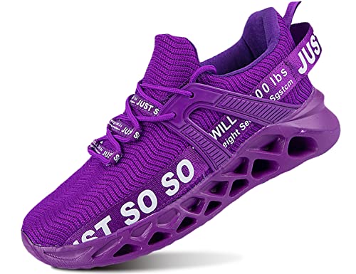 QDCFY Schnürsenkel Sneaker Herren Atmungsaktiv Stoff Laufschuhe Leichte Turnschuhe Fitness Sportschuhe Violett 45EU von QDCFY