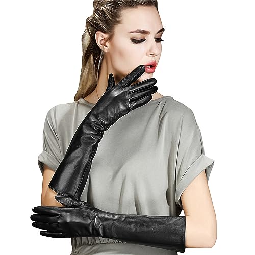 QECEPEI Damen lange Lederhandschuhe, Winter, Touchscreen-Oper, Abendkleid, Fahrerhandschuhe - Schwarz - Groß von QECEPEI