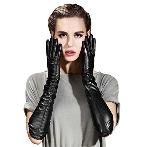 QECEPEI Damen lange Lederhandschuhe, Winter, Touchscreen-Oper, Abendkleid, Fahrerhandschuhe - Schwarz - Groß von QECEPEI