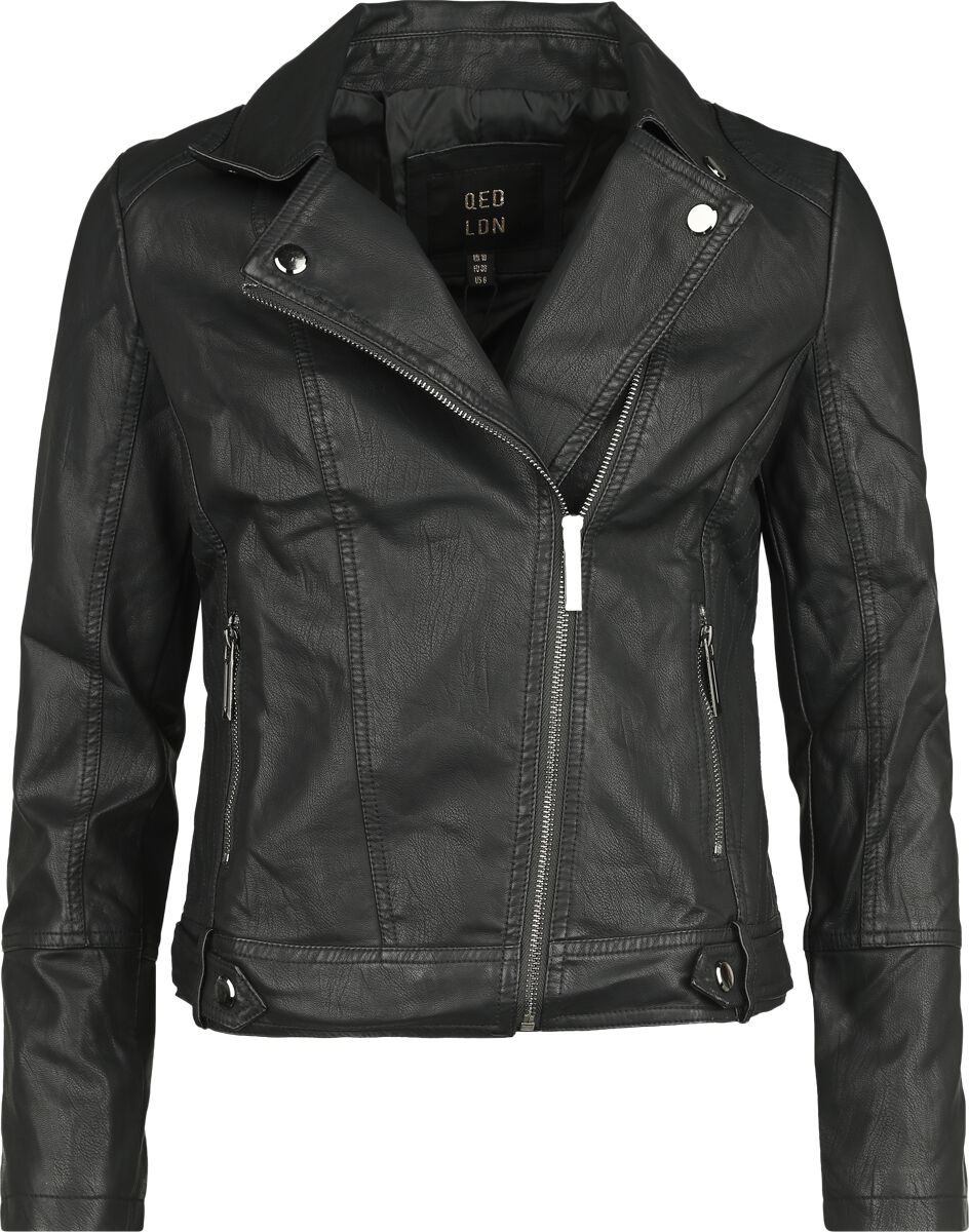 QED London - Rockabilly Kunstlederjacke - PU Classic Faux Leather Jacket - XS bis M - für Damen - Größe M - schwarz von QED London