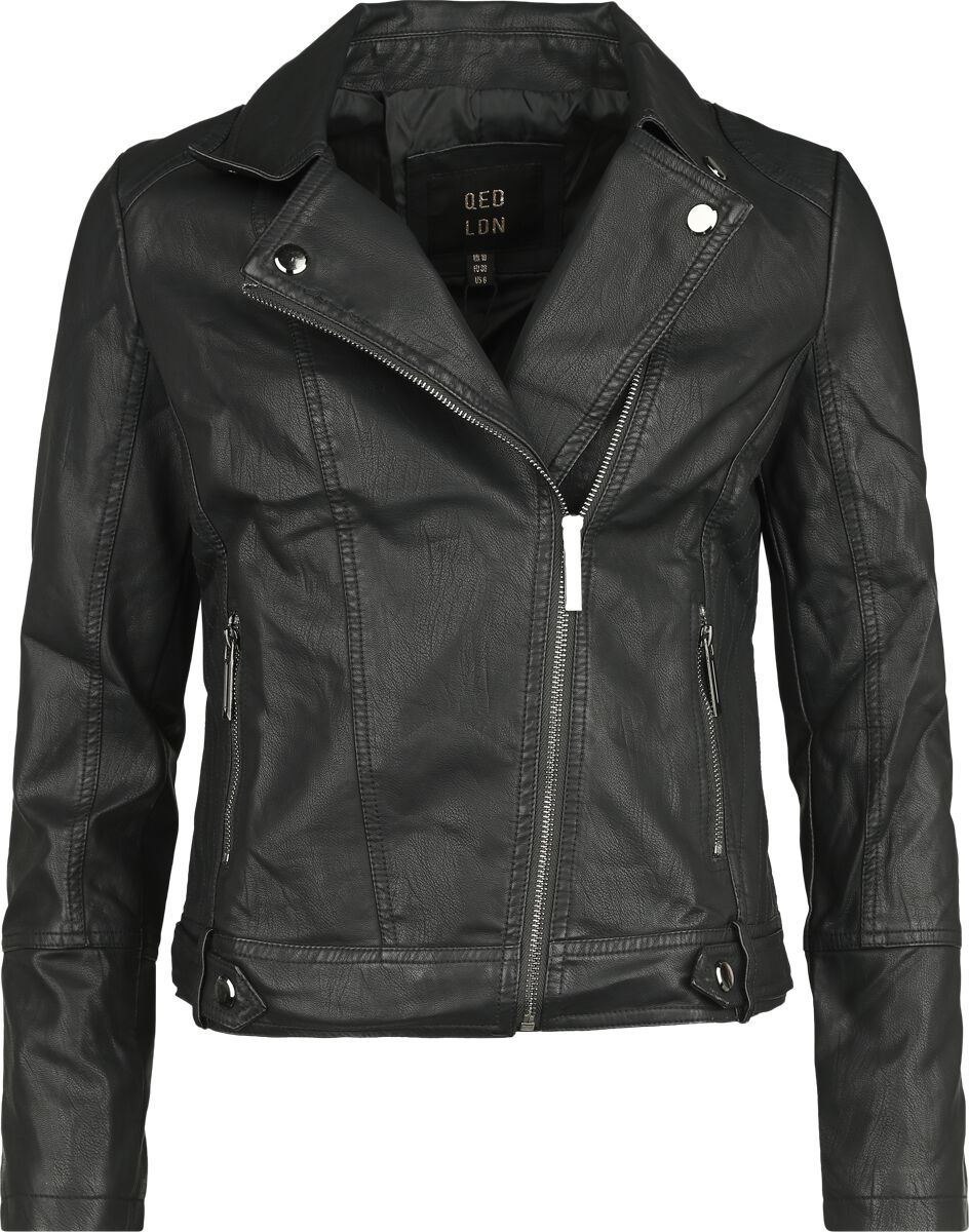 QED London - Rockabilly Kunstlederjacke - PU Classic Faux Leather Jacket - XS bis M - für Damen - Größe S - schwarz von QED London