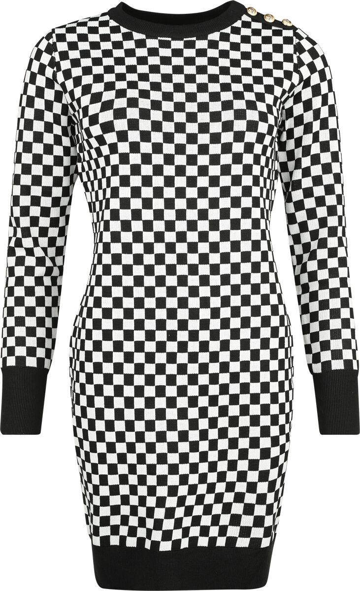 QED London - Rockabilly Kurzes Kleid - Chess Square Monochrome Knitted Dress - S-M - für Damen - Größe S-M - schwarz/weiß von QED London
