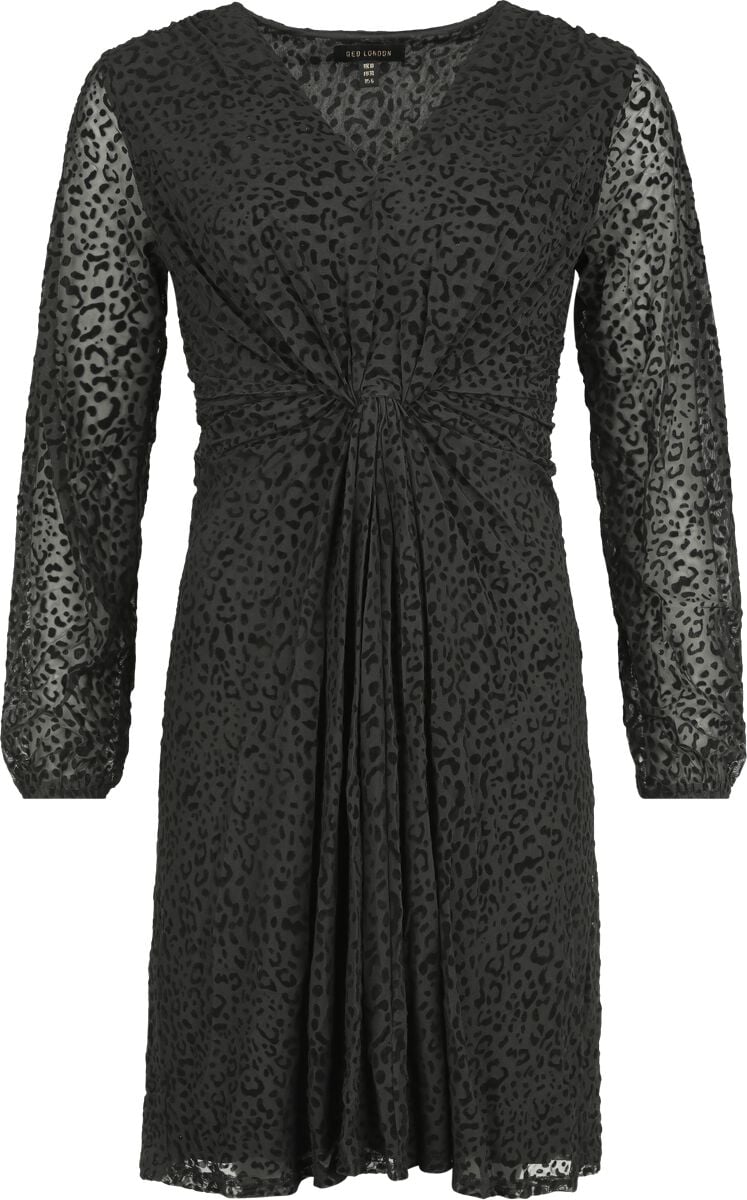 QED London - Rockabilly Kurzes Kleid - Leopard Velvet Flocking Knot Front Mini Dress - XS bis XL - für Damen - Größe M - schwarz von QED London