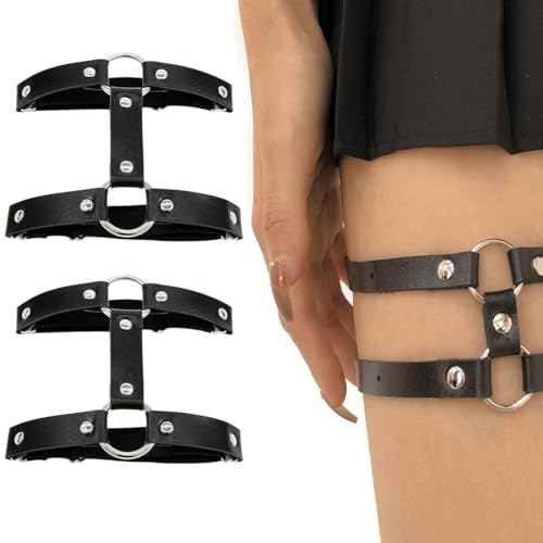 QEDBOJE 2 Stück Leder Bein Strumpfband Verstellbares Doppellagiges Gothic Oberschenkel Strumpfband Anti Rutsch Clip Damen Halloween Rave Karneval Cosplay Party Zubehör von QEDBOJE