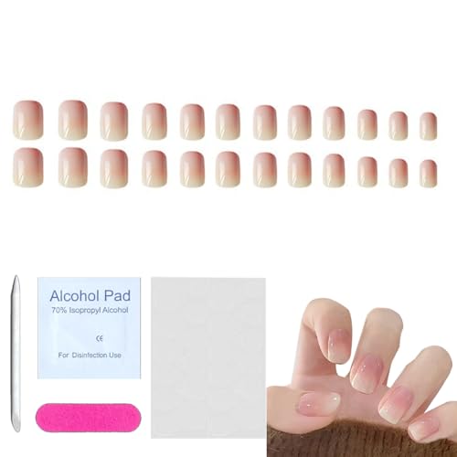 QEDBOJE 24 Stück French Künstliche Nägel Press on Nails mit Strass Design, Ballerina Natural Kunstnägel, Square Fingernägel Fake Nails für Frauen und Mädchen (Eckig, Kurz) (Glänzend Rosa) von QEDBOJE