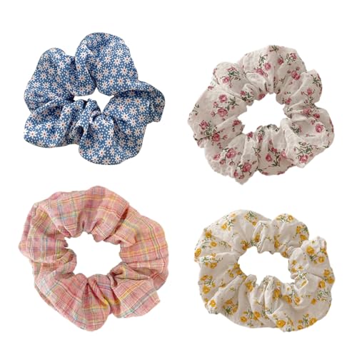 QEDBOJE 4 Stück Blumenmuster Scrunchies, Vintage Floral Haargummis für Damen, Weich Elastisch Groß Haarschmuck von QEDBOJE