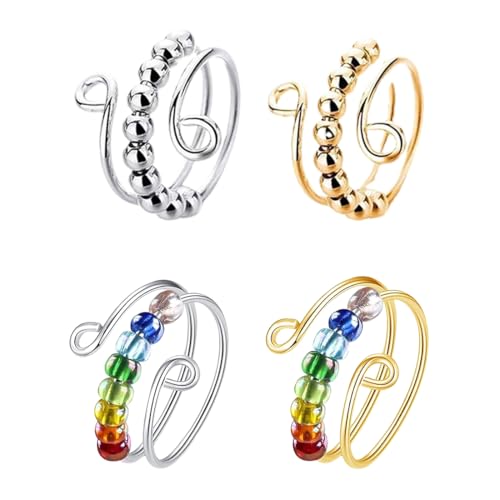 QEDBOJE 4 Stück Verstellbare Anti Stress Ring Set für Mädchen und Frauen Stress Relief Ängstlichkeit (mehrfarbig) von QEDBOJE