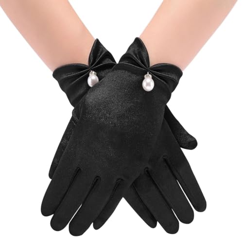 QEDBOJE Damen Elegant Satin Kurze Brauthandschuhe Blumenhandgelenk Spitzenhandschuhe Höflichkeits Sommer Hochzeits Oper Dinner Handschuhe (Schwarz) von QEDBOJE