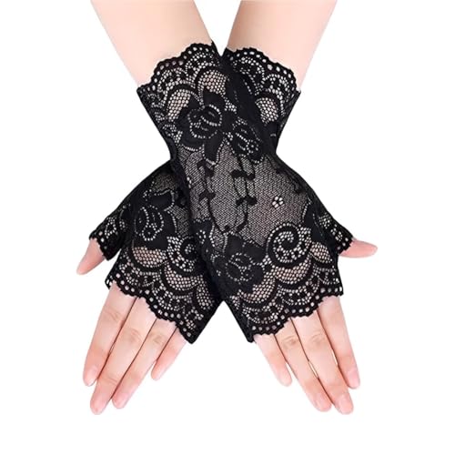 QEDBOJE Damen Fingerlose Spitze Handschuhe Kurze Spitzenhandschuhe für Braut Hochzeits Abschlussball Teeparty Kostüm Zubehör (Schwarze) von QEDBOJE
