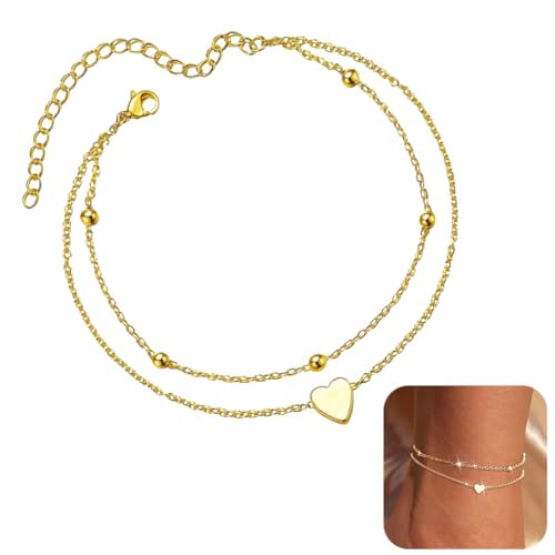 QEDBOJE Fußkettchen Gold Damen 14K Vergoldet Wasserfest Verstellbar Boho Perlen Herz Fußkette Set Strand Schmuck für Frauen und Mädchen von QEDBOJE
