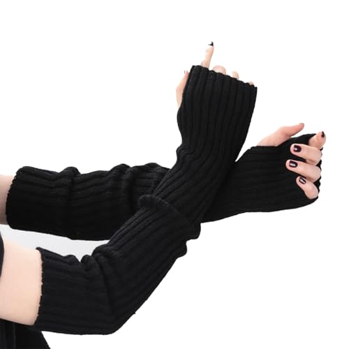 QEDBOJE Lange fingerlose Handschuhe Weiche Winter Warme Handschuhe Winter Knit Armstulpen Daumenloch Handschuhe Gestrickt Warm Weben Handschuhe （Schwarz） von QEDBOJE