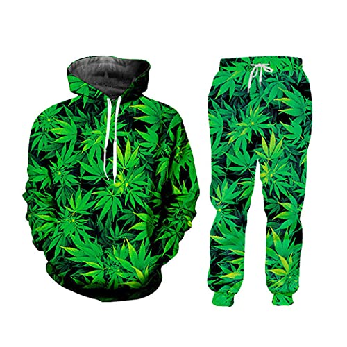 3D Green Hanf Leaf Weed Set, Casual Streetwear Sweatshirt und Hose, Herren Damen Trainingsanzug Hoodie Pullover, HSPA01824, L von QEDCVS