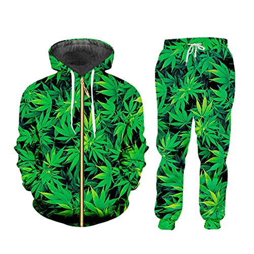 3D Green Hanf Leaf Weed Set, Casual Streetwear Sweatshirt und Hose, Herren Damen Trainingsanzug Hoodie Pullover, Zhpa01824, XL von QEDCVS