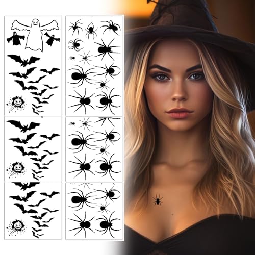 6 Blatt Spinnen Fledermaus Tattoo Gesicht, Halloween Tattoo Gesicht, Erwachsene Kinder Fasching Hexen Zubehör für Karnevalsschminke Halloween Masquerade von QEEROYO