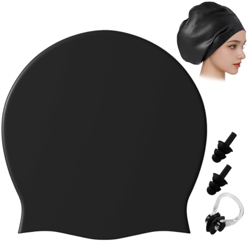 Große Langes Haar Badekappe, Badekappe Damen für Langes, Badehaube Damen mit Ohrstöpseln Nasenklammer Set, Wasserdichte Schwimmhaube Damen, Haar trocken zu halten von QEEUIFT