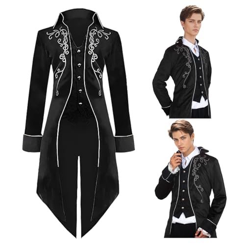 QEKFDOV Herren Mittelalter Steampunk Frack Jacke,Gothic Frack Jacke Mantel,Renaissance Retro viktorianische Hof Stickerei Mantel Vampir Cosplay (Schwarz, XL) von QEKFDOV