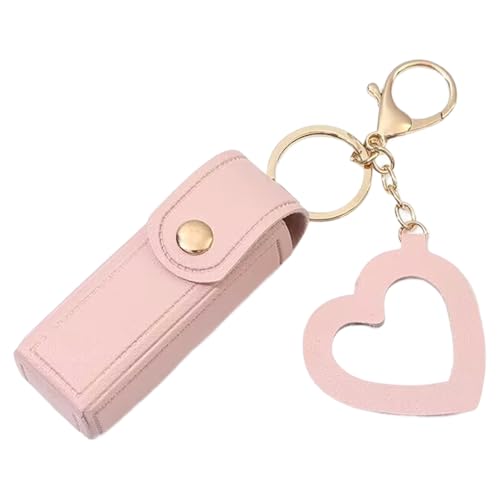 Lip Oil Keychain, Lipstick Holder Keychain with Mirror, PU Leather Chapstick Case, Portable Lip Balm Organizer (Pink) von QEOTOH