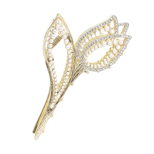 Modische Perlen-Tulpen-Fang-Clip, für Damen, Sommer, groß, Pferdeschwanz, Haarklammer, eleganter Clip, Haarschmuck, Strass, Damen von QEOTOH