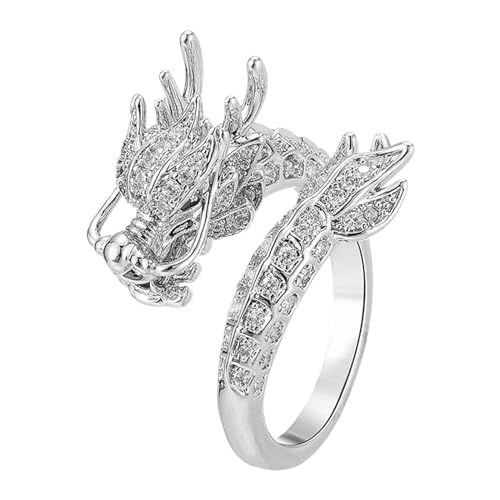 QEOTOH Delicate Dragon Open Adjustable Zirconia Good Luck Ring, 14K Gold Dragon's Tail Qiankun Lucky Ring, Bring Wealth and Prosperity, Wrap Dragon Rings Jewelry Gifts for Women Girls Amulet (Silver) von QEOTOH