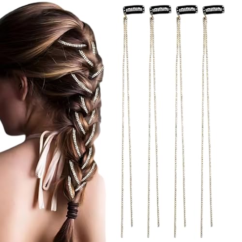 QEQSHQO 4 Stück Haarketten Punk Quaste Haarspangen Bling Haarschmuck für Frauen Mädchen (Gold) von QEQSHQO