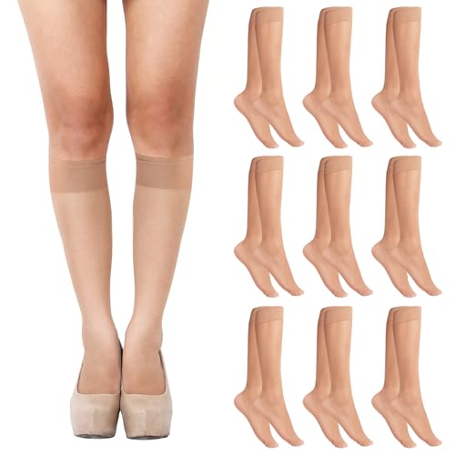 QESSUVNC 10 Paar Kniestrümpfe Damen, 20d Nylonstrümpfe Damen, Transparente Damen-Kniestrümpfe, Helle Hautfarben Feinstrümpfe von QESSUVNC