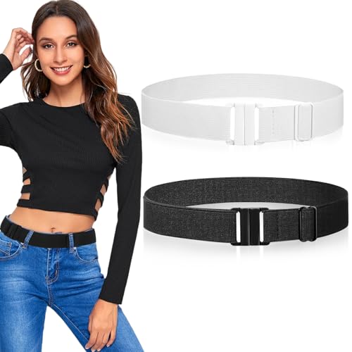 QESSUVNC 2 Stücke Unsichtbarer Gürtel Elastischer Flacher Schnalle Elastischer Damengürtel für Jeans Hosen Kleid Unsichtbarer StretchGürtel Geeignet für Taillenumfang 35 Zoll, Weiß/Schwarz von QESSUVNC