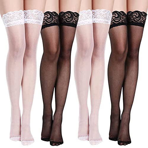QESSUVNC 4 Paar StrüMpfe Damen Oberschenkel Halterlose Strümpfe Hohe StrüMpfe Spitzen Seiden Damen-Spitze-Oberschenkel-Hohe Schwarze Transparente Halterlose StrüMpfe StrüMpfe Seidige Strumpfhose Str von QESSUVNC