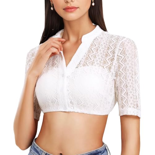 QESSUVNC Dirndl Bluse Damen Spitze,Trachtenbluse,Dirndlblusen,Luse Oktoberfest M/L/XL/XXL (DE/NL/SE/PL, Alphanumerisch, M, Regular, Regular, Weiß) von QESSUVNC