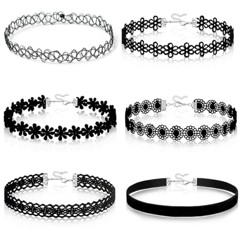 QEXUJOW Colliers in Bijouterie,6 Stück Choker-Halsketten-Set, schwarze Spitze, modischer Stretch-Samt, Damen- und Mädchen-Halskette von QEXUJOW