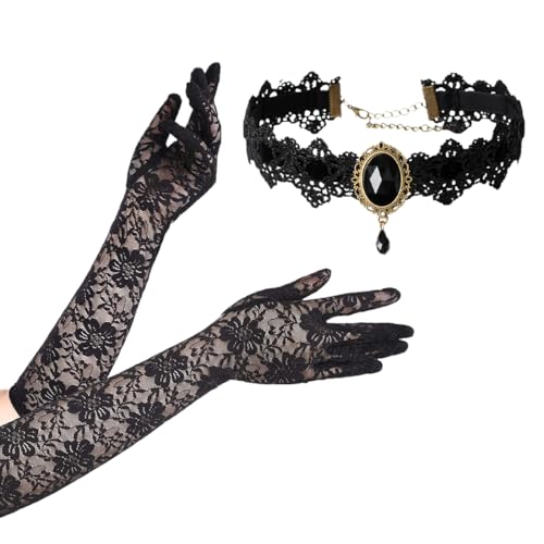 QEXUJOW Handschuhe & Fäustlinge für Damen Damen-Spitzenhandschuhe, Damen-Brauthochzeits-Kleidungszubehör, 1 Paar lange schwarze Spitzenhandschuhe + 1 Stück Gothic-Spitzenhalskette von QEXUJOW