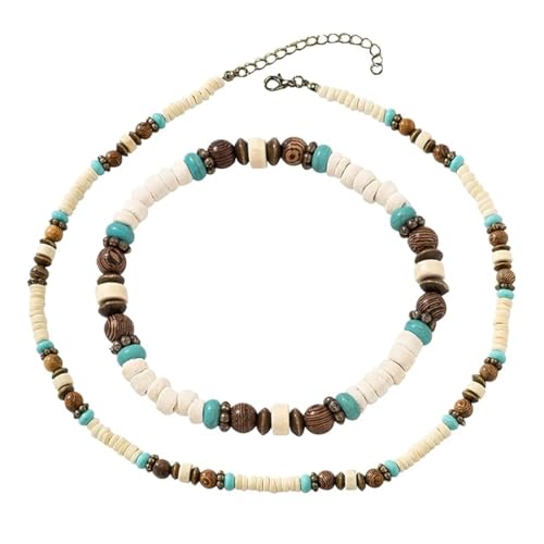 QEXUJOW Ketten für Damen Surfer-Halskette mit Kokosperlen, Herren-Surfer-Halskette, Holzperlen-Armband, handgefertigter Strandschmuck, wasserfest (2er-Set) von QEXUJOW
