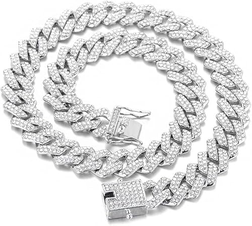 QEXUJOW Ketten für Herren,55 cm Kubanische Kette Cuban Link Chain Iced Out Kette Halskette mit Strass Besetzte Halskette Punk Hip Hop Schmuck Hip Hop Schmuck für Männer Frauen von QEXUJOW