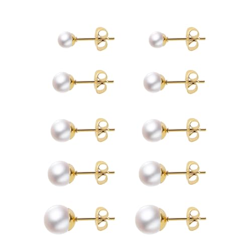 QEXUJOW Ohrringe für Damen,5 Paar Perlenohrringe, 4-8mm Gold Perlenohrstecker, Damen Ohrstecker,Perlenohrstecker mit echten Perlen, Ohrringe Set für Damen Mädchen von QEXUJOW